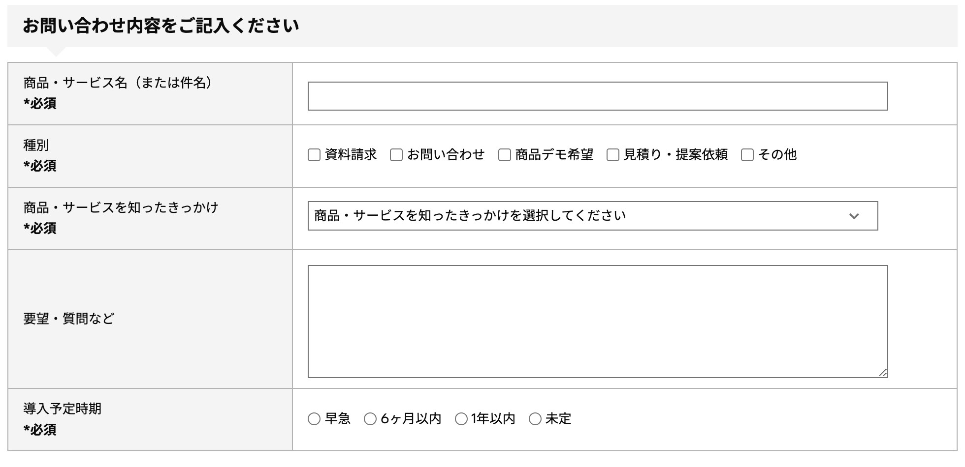 お問い合わせフォームの入力画面。商品・サービス名（または件名）、種別、要望・質問などの3項目に記入します。
